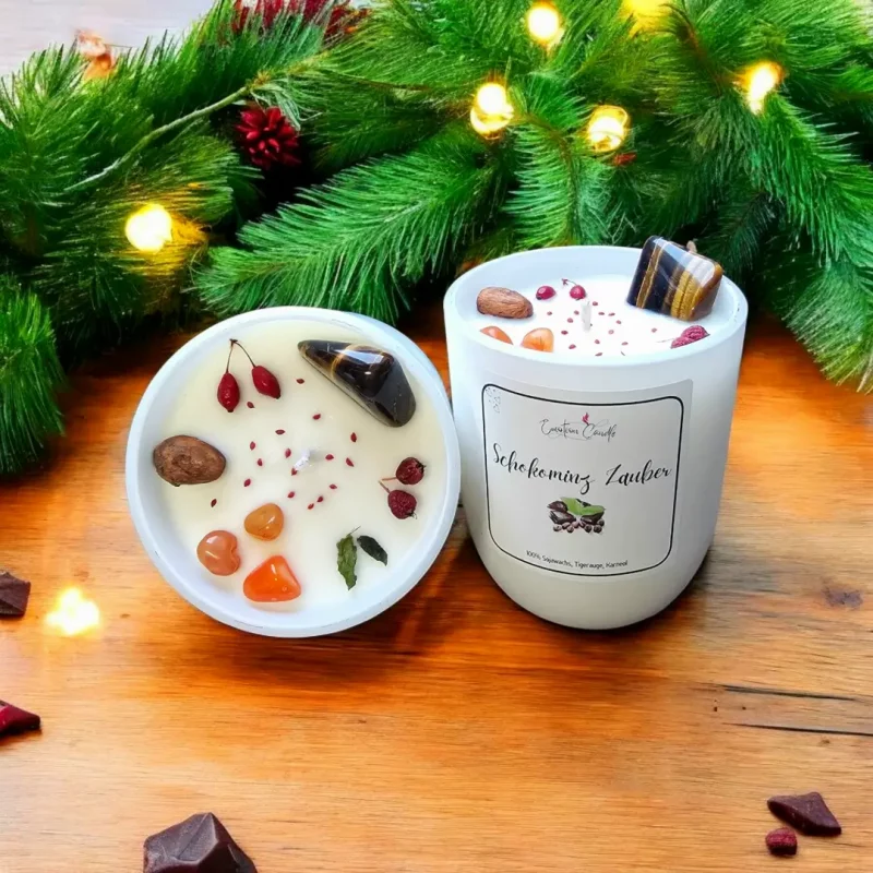 Kristallkerze Schokominz Zauber im weißen Glas – Duftkerze mit Minze & Schokolade