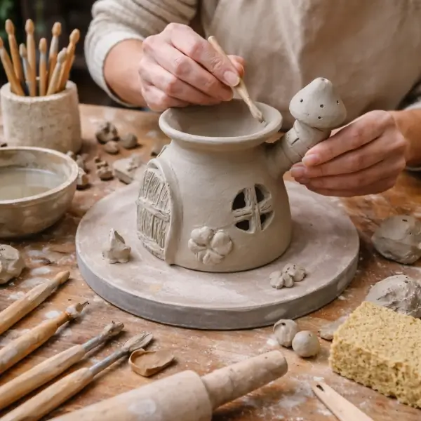 Hände modellieren eine Duftlampe aus Ton mit Modelierwerkzeug im KreativZauber Workshop